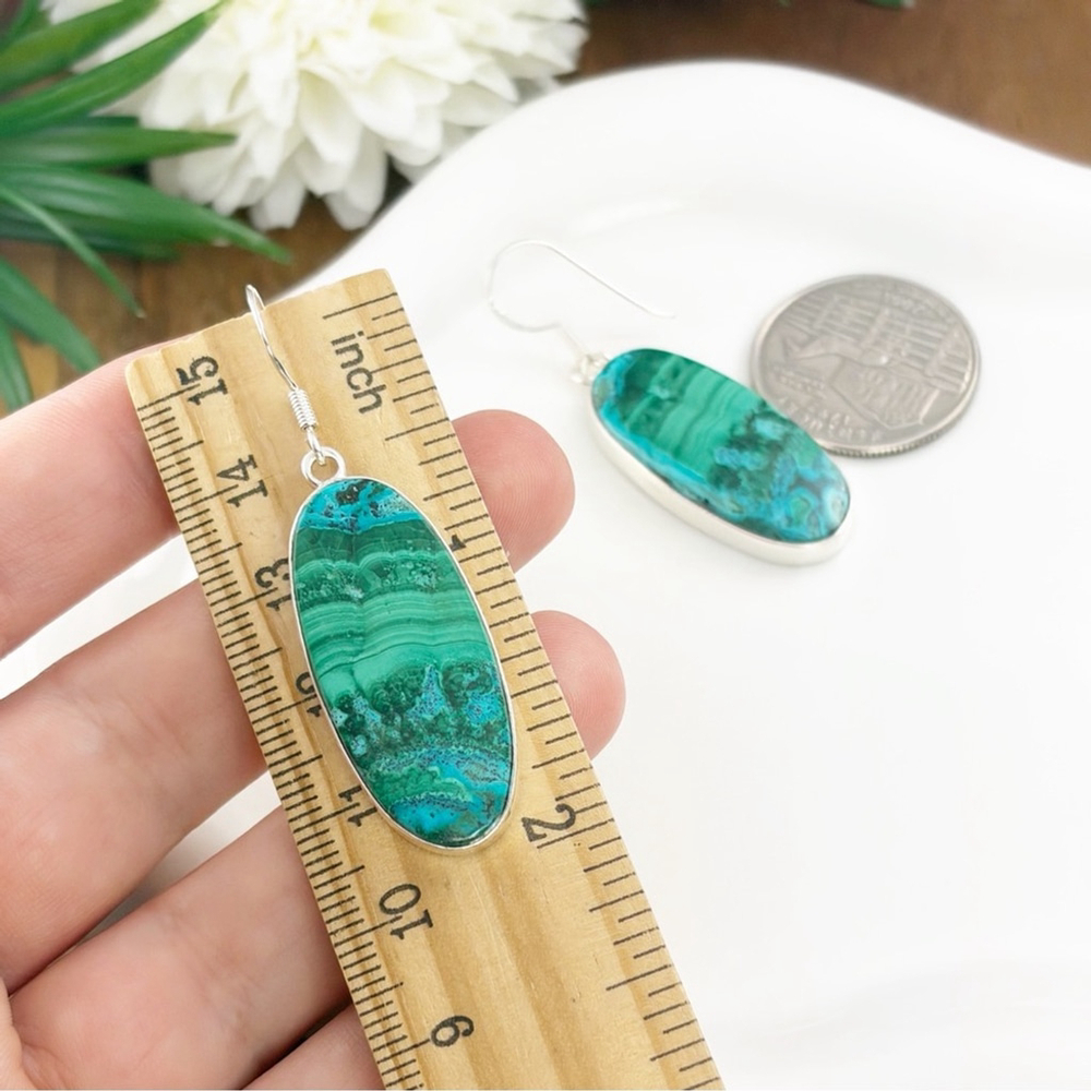 Top Quality Malachite Chrysocolla Pure Sterling Silver 925 Gemstone Earrings - Picture 3 of 9